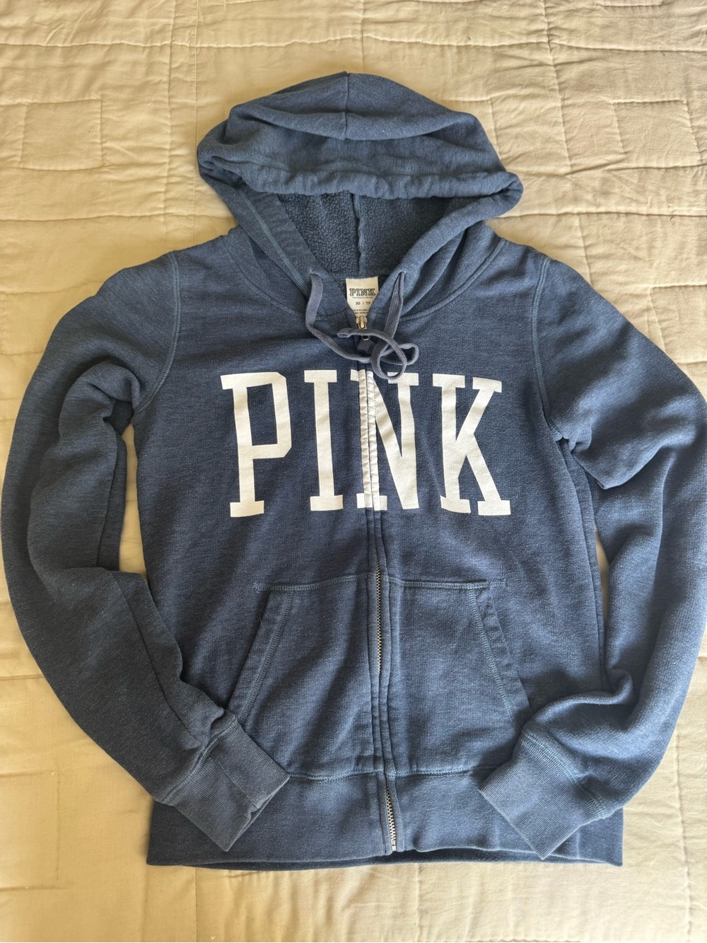 PINK Victoria's Secret Blue Zip-Up Hoodie with White Logo